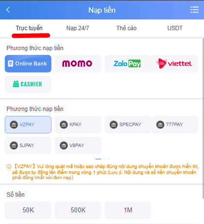 Quy chuẩn nạp tiền VZ99 đơn giản, dễ hiểu nhất 12 Nạp tiền trực tuyến VZ99