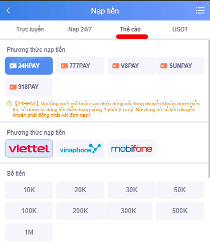 Quy chuẩn nạp tiền VZ99 đơn giản, dễ hiểu nhất 14 Nạp tiền VZ99 bằng thẻ cào